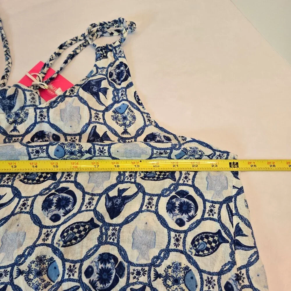 ISAAC MIZRAHI Women Linen Blend Long Dress w/ Pockets / Coverup Sz: XL Blu/Wht